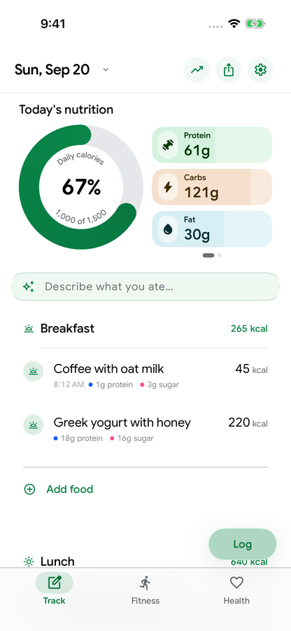 Calvin’s actual Track screen with calories, macros, and the food log