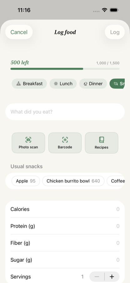 Calvin's log screen: a search field, Photo scan, Barcode and Recipes buttons, and a row of foods usually eaten at lunch.