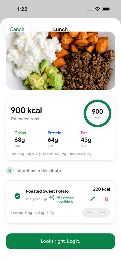 Calvin’s actual meal-photo estimate screen with a food photo and nutrition breakdown