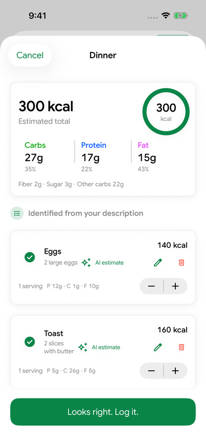 Calvin Smart Log estimate showing eggs and toast with calories, macros, and editable portions